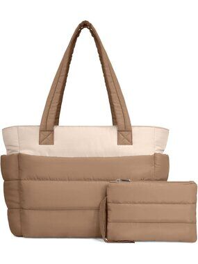 Women's Khaki/Beige Travel lightweight Puffy Tote Handbag Quilted Shoulder Bag